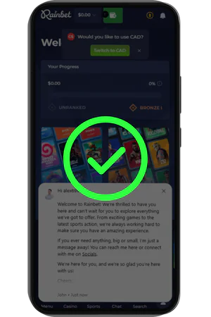 Rainbet successful registration confirmation screen